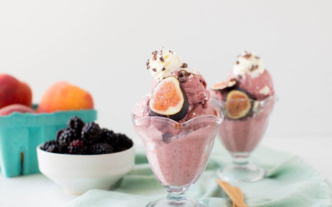 Homemade Peach Ice Cream with Blackberries and Lavender